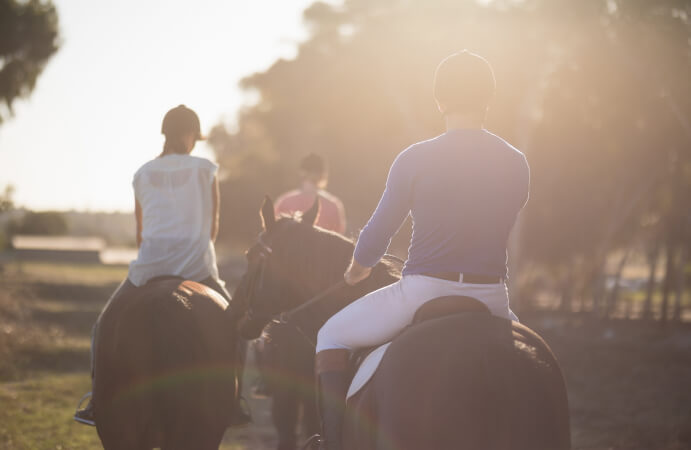 Reitlehrer Ausbildung von 3 Frauen in der Abendsonne